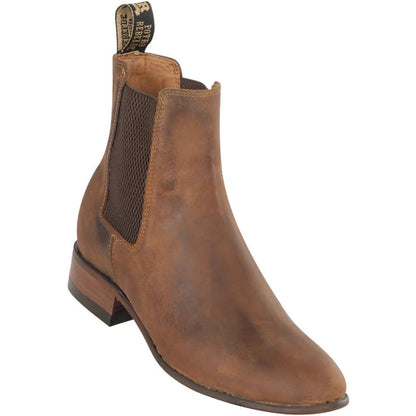 Botin Chelsea de Cuero con Punta Redonda y Suela de Hule Color Miel