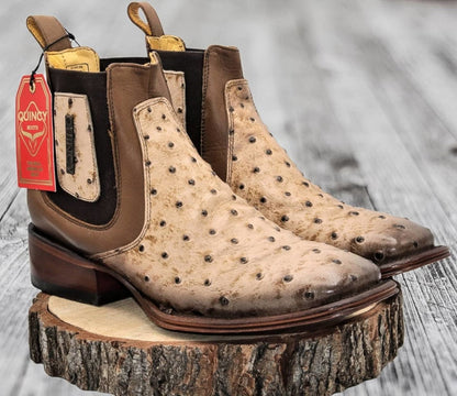 Botin de Avestruz Grabado con Punta Cuadrada