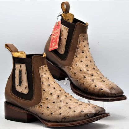 Botin de Avestruz Grabado con Punta Cuadrada