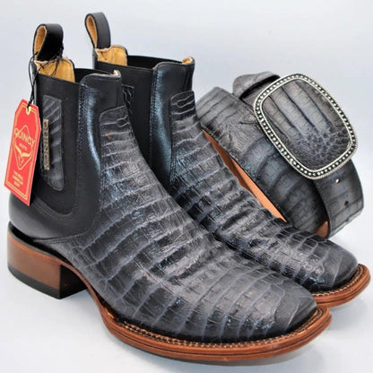 Botin de Cocodrilo Grabado Nuca con Punta Cuadrada Color Gris