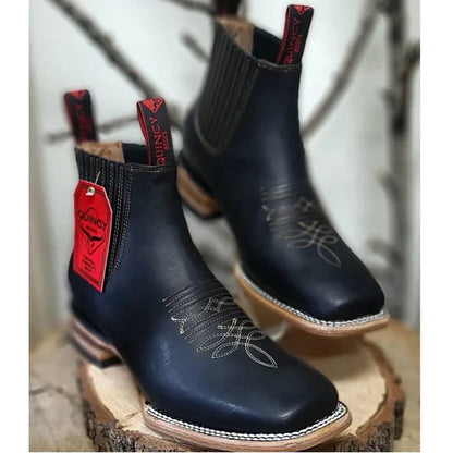 Botines Charros Quincy de Cuero con Punta Cuadrada Color Negro