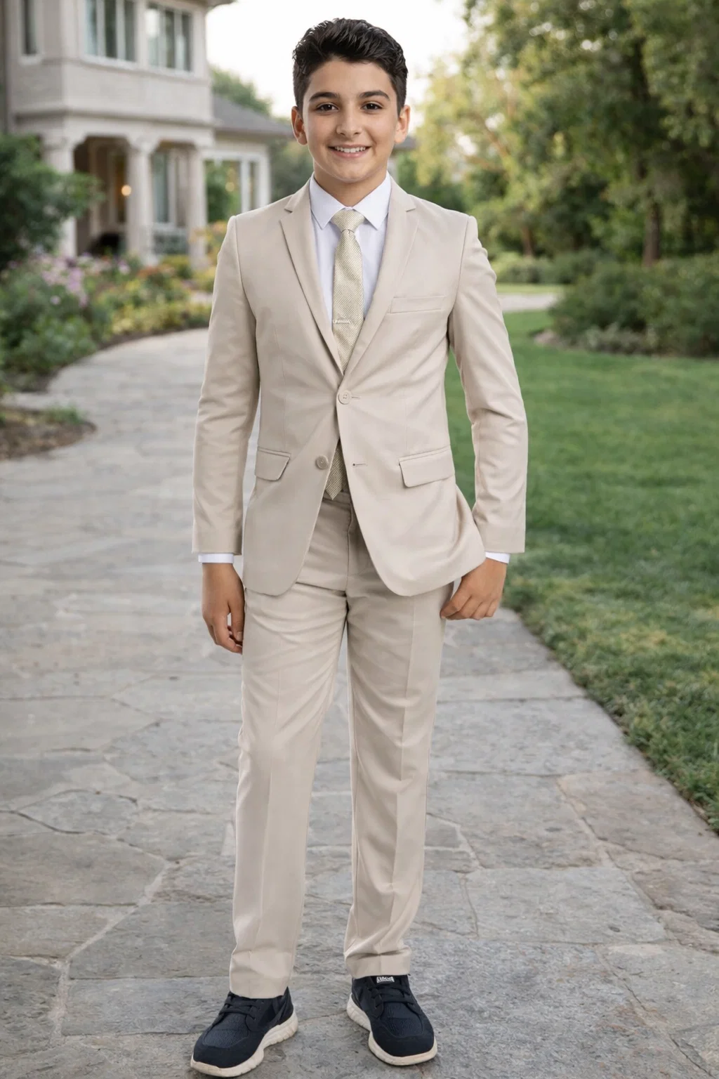 Boys Perry Ellis 2 Button Vested Wedding Suit in Tan