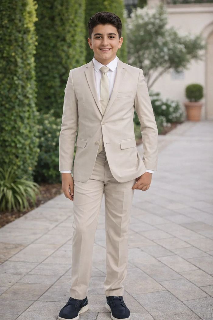 Boys Perry Ellis 2 Button Vested Wedding Suit in Tan