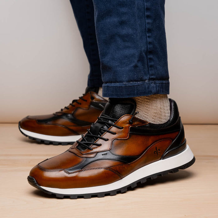 Zelli Bravo Hand Finished Calfskin Trainer Sneaker in Cognac
