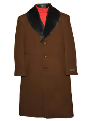 Coat Brown Fur Collar 3 Button Wool Ankle length Overcoat ~ Long men's Dress  Topcoat - Winter coat