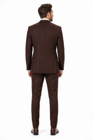 Men's Brown Statement Ticket Pocket Peak Lapel Wool Double Breasted Vest Suit with Silver Buttons – Modern Fit