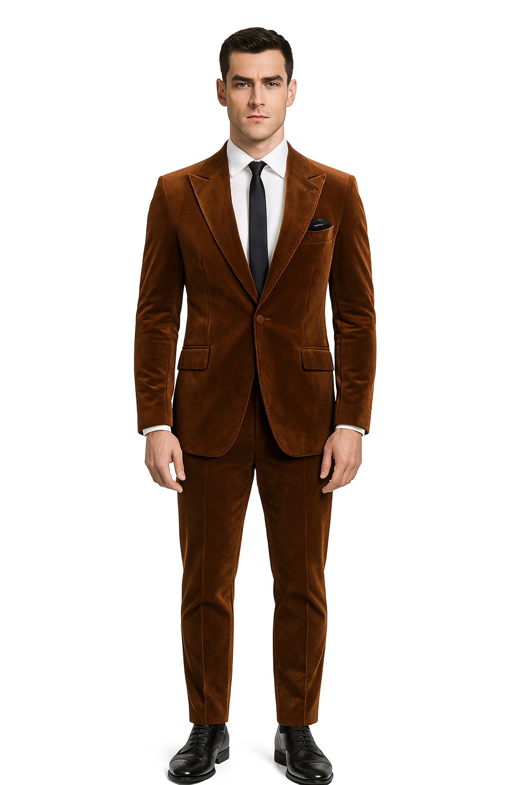 Mens Brown Velvet 2-Piece Suit  Luxury Slim Fit Formal Blazer and Pants Set in Rust Copper Color
