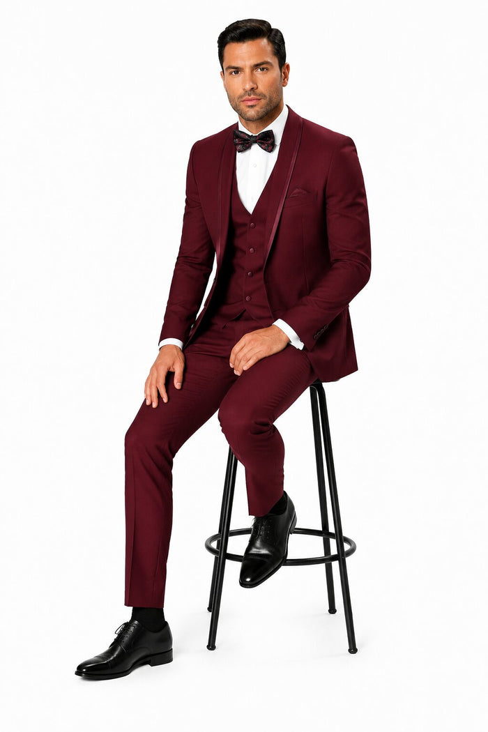 Mens One Button Satin Trim Shawl Tuxedo in Burgundy
