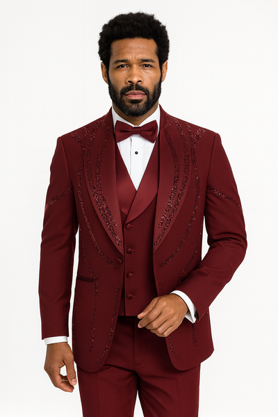 Mens Burgundy Italian Wool 3-Piece Modern Formal Tuxedo