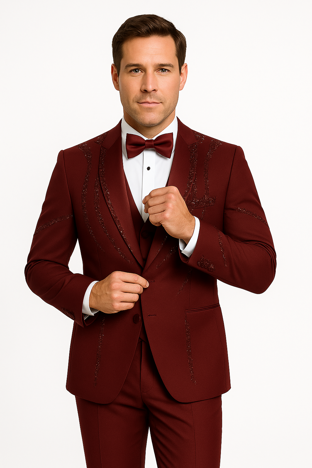 Mens Burgundy Italian Wool 3-Piece Modern Formal Tuxedo