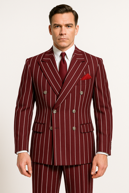Burgundy Pinstripe Suit - Mens 1920s Gangster Pinstripe Suit - Style Chalk Pinstripe