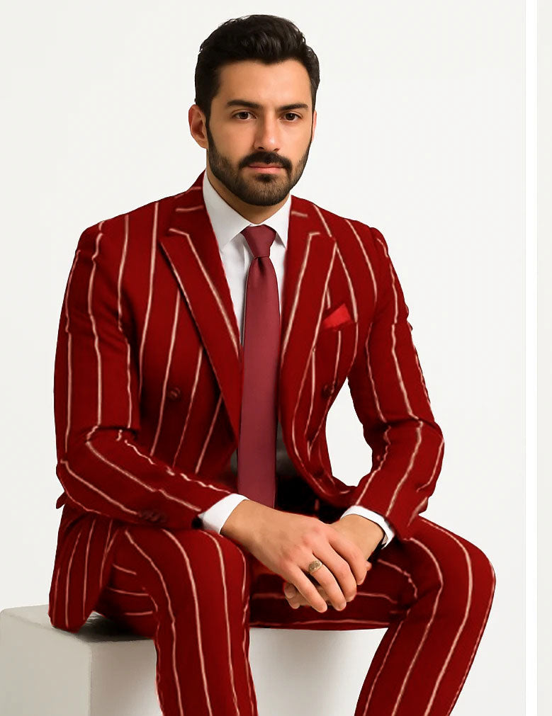 Burgundy Pinstripe Suit - Mens 1920s Gangster Pinstripe Suit - Double Breasted Chalk Pinstripe