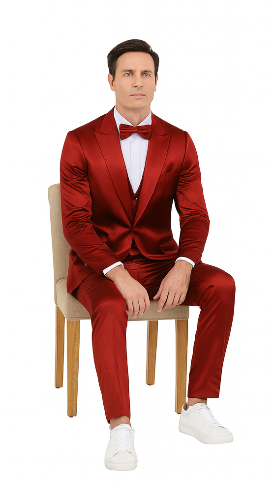 Burgundy Satin 3 Piece Slim Fit Tazzio Men's Suit  Premium Formalwear