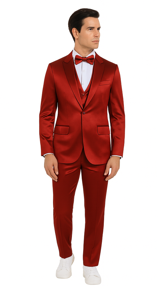 Burgundy Satin 3 Piece Slim Fit Tazzio Men's Suit  Premium Formalwear