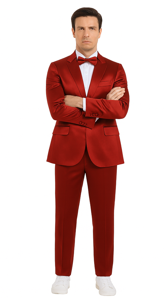 Burgundy Satin 3 Piece Slim Fit Tazzio Men's Suit  Premium Formalwear