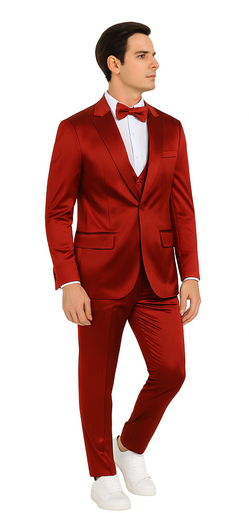 Burgundy Satin 3 Piece Slim Fit Tazzio Men's Suit  Premium Formalwear