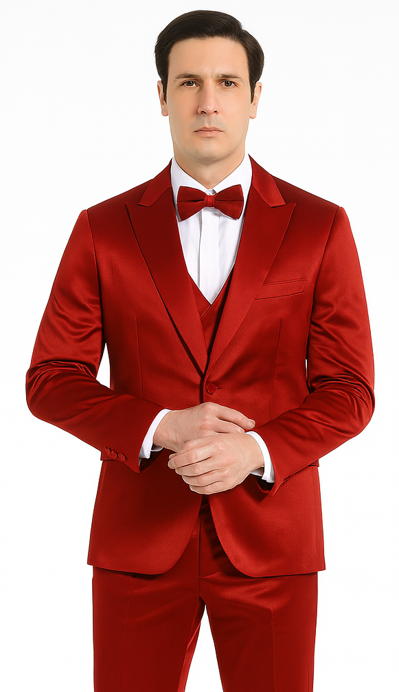 Burgundy Satin 3 Piece Slim Fit Tazzio Men's Suit  Premium Formalwear