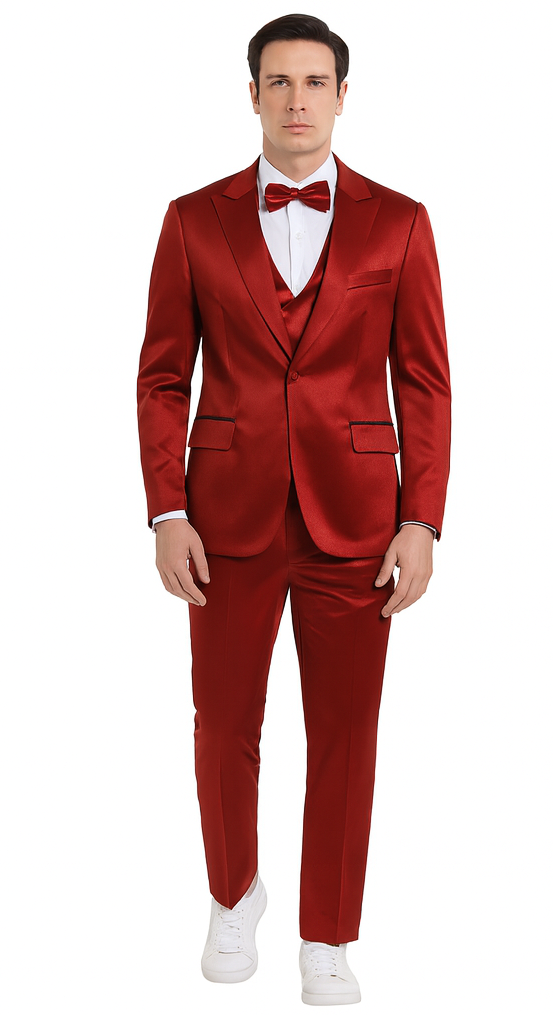 Burgundy Satin 3 Piece Slim Fit Tazzio Men's Suit  Premium Formalwear