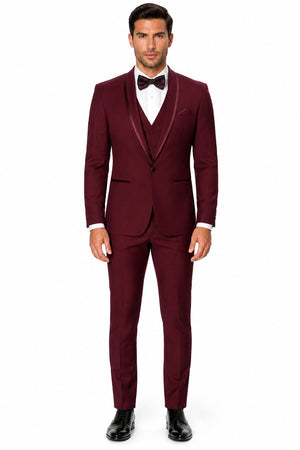 Mens One Button Satin Trim Shawl Tuxedo in Burgundy
