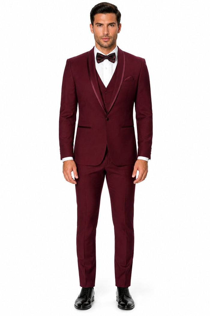 Mens One Button Satin Trim Shawl Tuxedo in Burgundy