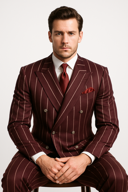 Burgundy Pinstripe Suit - Mens 1920s Gangster Pinstripe Suit - Style Chalk Pinstripe