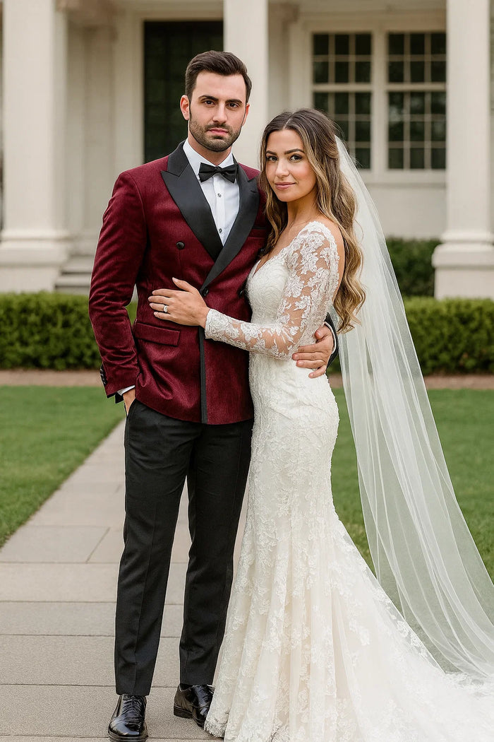 Burgundy Velvet Double Breasted Tuxedo Jacket  Wedding & Prom