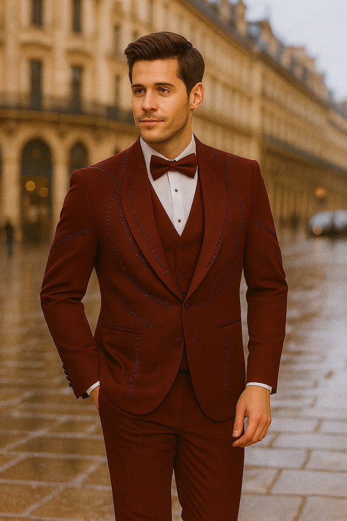 Men's Burgundy Italian Wool 3-Piece Modern Formal Tuxedo