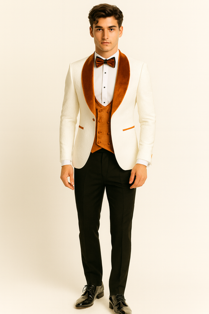 Mens Groom Wedding Shawl Collar - Paisley Burnt Orange Velvet 4pc Suit W/ Matching Bowtie