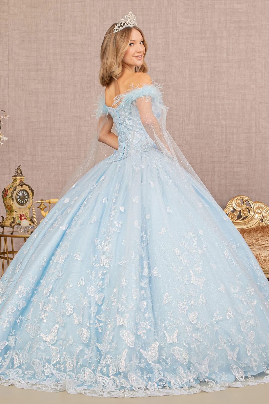 Butterfly Print Off Shoulder Ball Gown by Elizabeth K GL3166 - Quinceanera Dresses