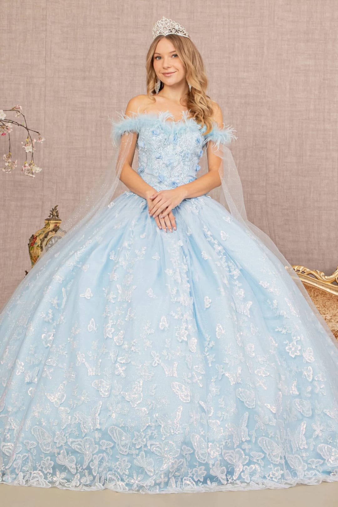 Butterfly Print Off Shoulder Ball Gown by Elizabeth K GL3166 - Quinceanera Dresses