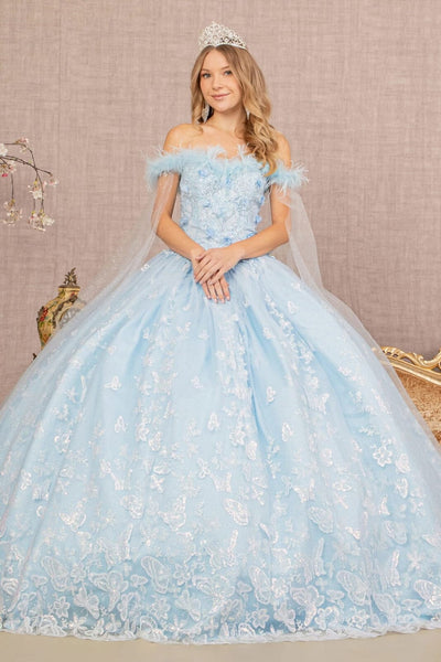 Butterfly Print Off Shoulder Ball Gown by Elizabeth K GL3166 - XS / Baby Blue - Quinceanera Dresses