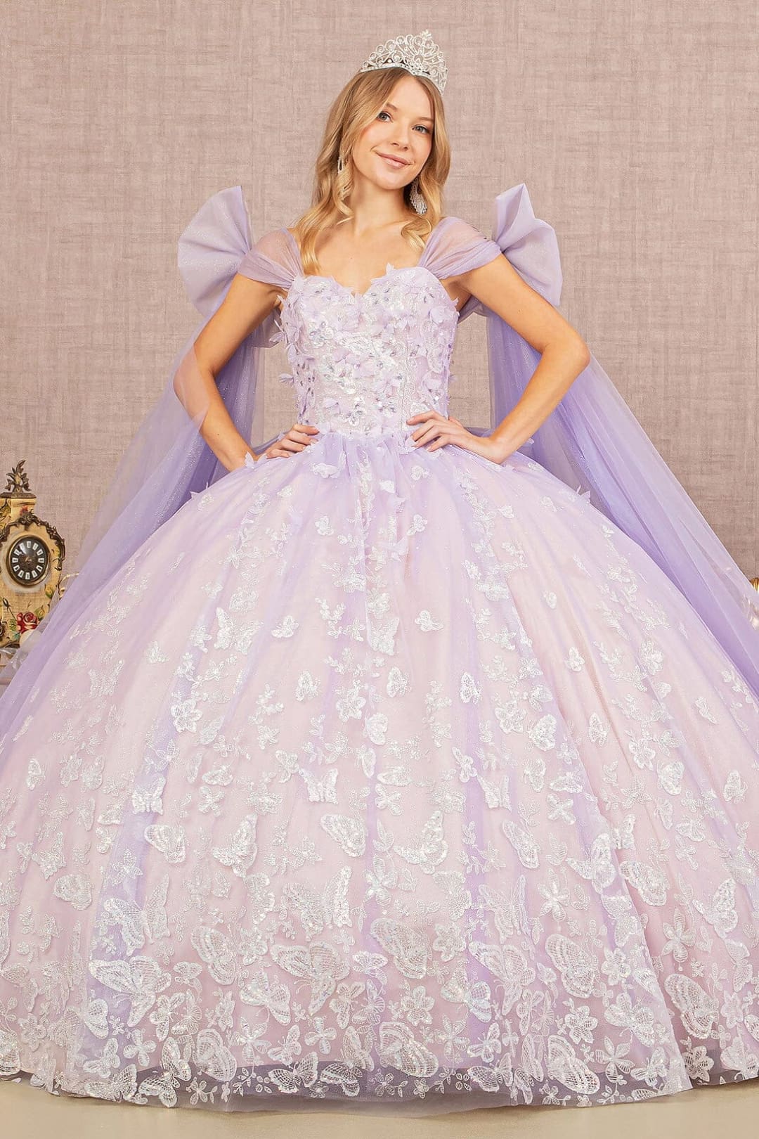 Butterfly Ribbon Sleeve Ball Gown by Elizabeth K GL3175 - XS / Lilac - Quinceanera Dresses