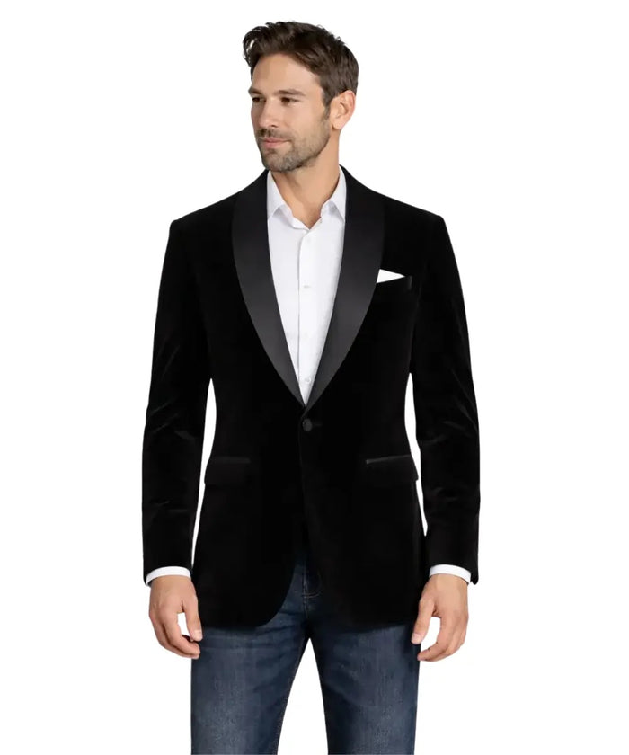Men’s Black Velvet Shawl Collar Blazer – Elegant Evening and Party Jacket