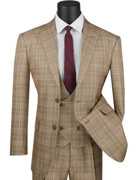 Mens 2 Button Vested Peak Lapel Plaid Windowpane Suit in Camel - Men's Tuxedo USA