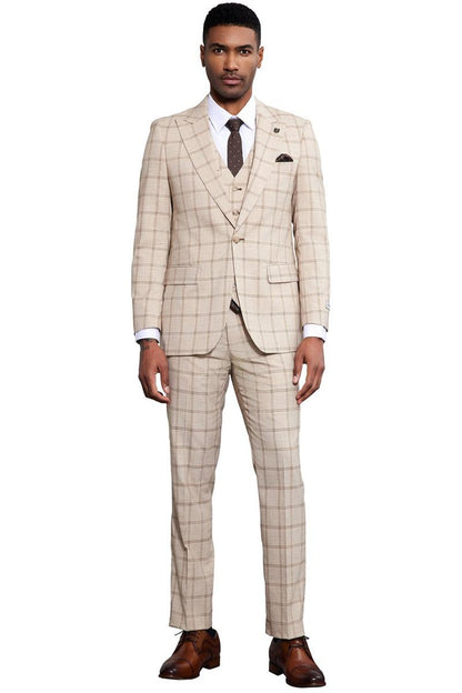Men's Stacy Adams One Button Peak Lapel Vested Windowpane Plaid Suit in Tan