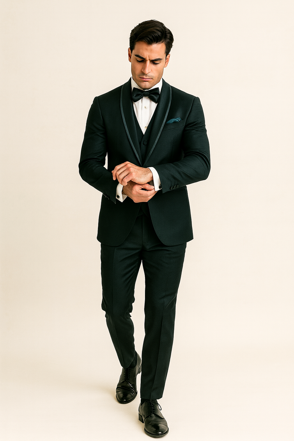 Mens Vested Shawl Lapel Tuxedo With Satin Trim in Hunter Green