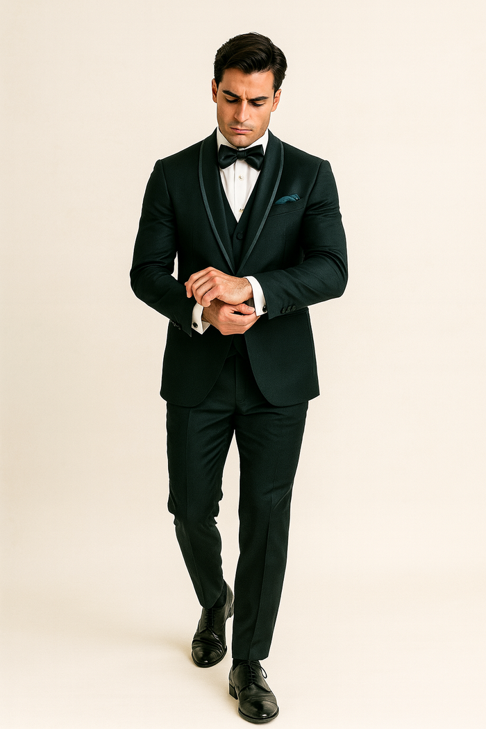 Mens Vested Shawl Lapel Tuxedo With Satin Trim in Hunter Green