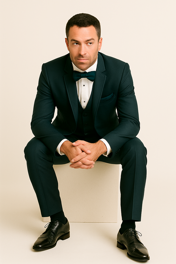 Mens Vested Shawl Lapel Tuxedo With Satin Trim in Hunter Green