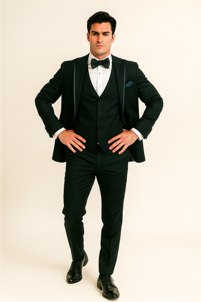 Mens Vested Shawl Lapel Tuxedo With Satin Trim in Hunter Green