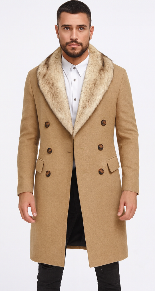 Camel Hair Overcoat - Peacoat With Fur Collar - Double Breasated Wool And Cashmere Coat