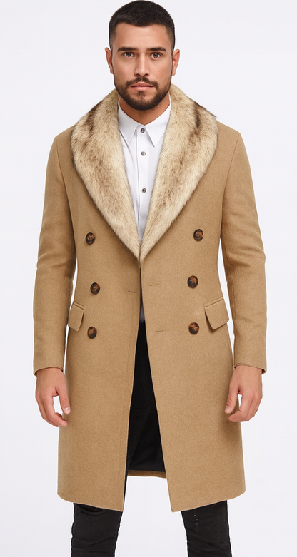 Camel Hair Overcoat - Peacoat With Fur Collar - Double Breasated Wool And Cashmere Coat