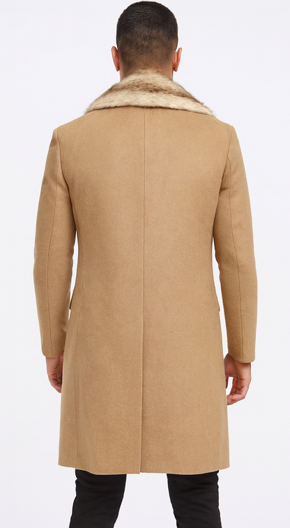 Camel Hair Overcoat - Peacoat With Fur Collar - Double Breasated Wool And Cashmere Coat