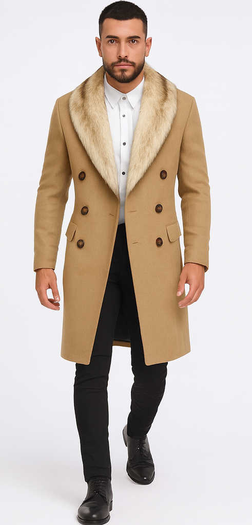 Camel Hair Overcoat - Peacoat With Fur Collar - Double Breasated Wool And Cashmere Coat