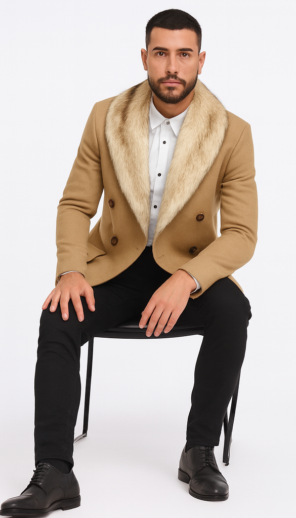Camel Hair Overcoat - Peacoat With Fur Collar - Double Breasated Wool And Cashmere Coat