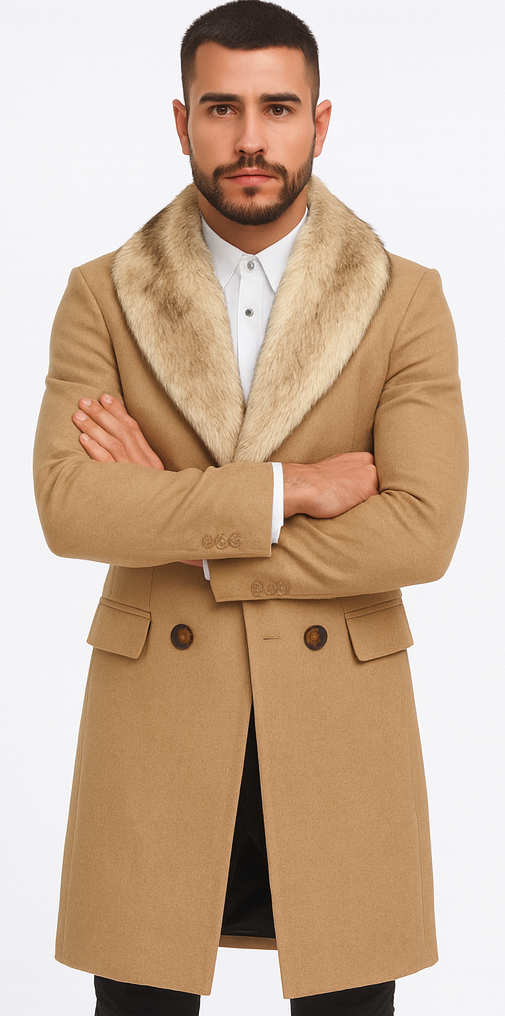 Camel Hair Overcoat - Peacoat With Fur Collar - Double Breasated Wool And Cashmere Coat