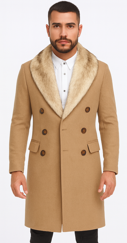 Camel Hair Overcoat - Peacoat With Fur Collar - Double Breasated Wool And Cashmere Coat