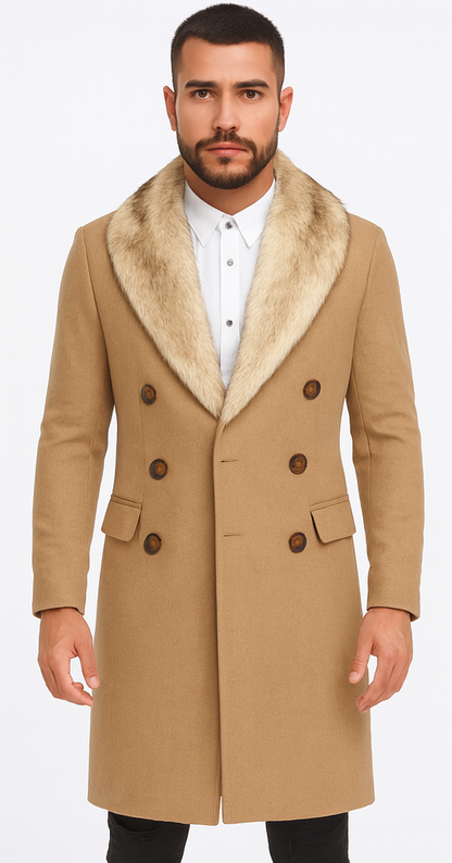 Camel Hair Overcoat - Peacoat With Fur Collar - Double Breasated Wool And Cashmere Coat