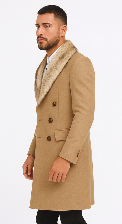 Camel Hair Overcoat - Peacoat With Fur Collar - Double Breasated Wool And Cashmere Coat