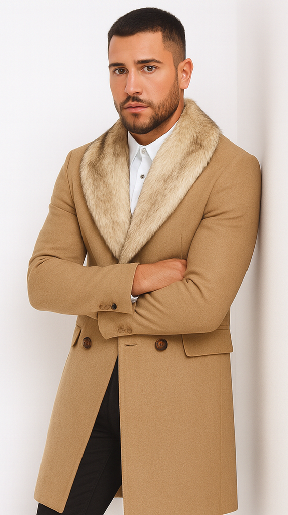 Camel Hair Overcoat - Peacoat With Fur Collar - Double Breasated Wool And Cashmere Coat