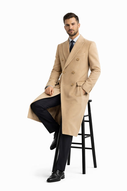 Men's Wool And Cashmere Double Breasted Long Overcoat Beige ~ Camel Three Quarter Winter Men's Topcoat Sale